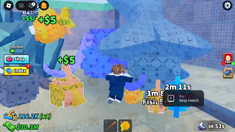 Fish eggs with hatch countdowns in the player's Steal Fish Eggs tank.