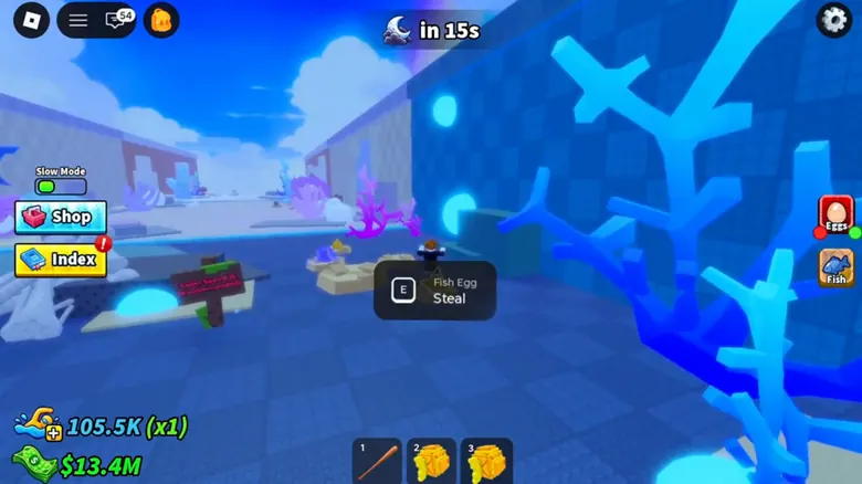 A player inspecting an egg target beside a large fish guardian in Steal Fish Eggs.