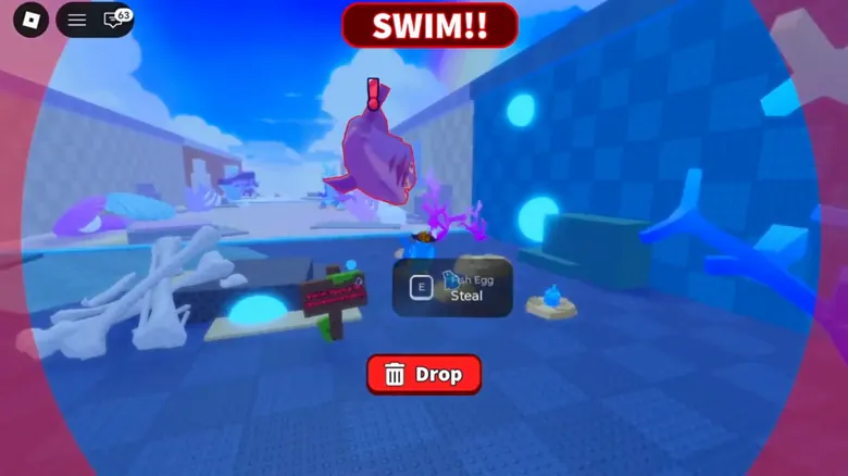 A player carrying an egg away from a fish guardian, with SWIM and Drop prompts visible.