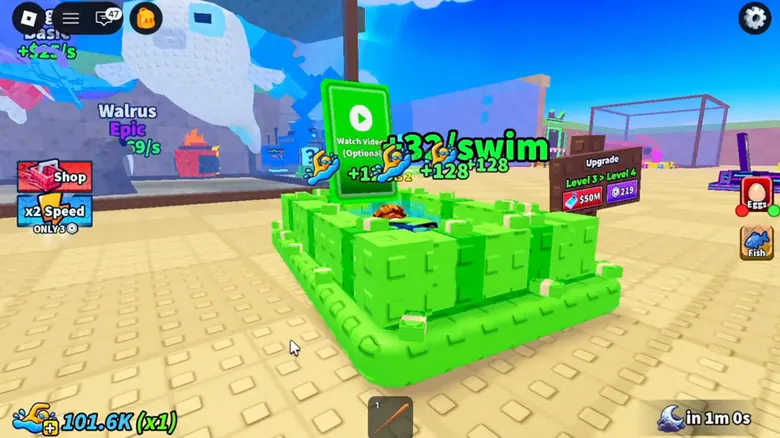 A player swimming in the bright green training pool in Steal Fish Eggs.